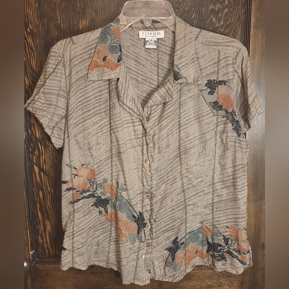 Citron Button-Up Shirt with Floral Design